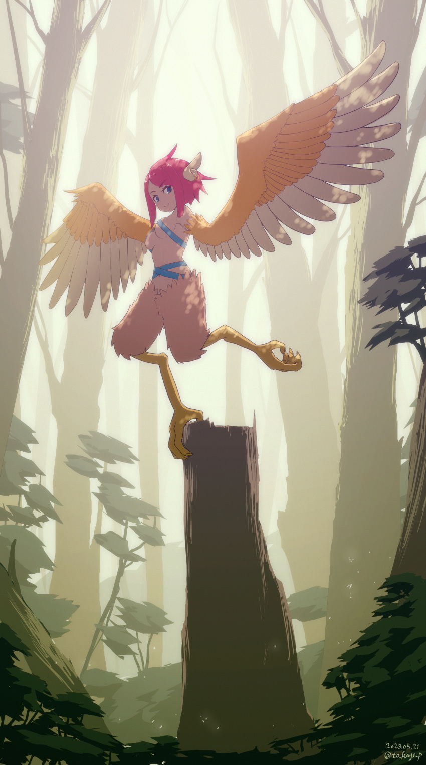 1girl absurdres animal_ears bird_ears bird_legs blue_eyes breasts brown_feathers brown_wings earrings feathered_wings feathers forest harpy harpy_(mon-musu_quest!) highres jewelry looking_at_viewer mon-musu_quest! monster_girl nature outdoors pink_hair revealing_clothes short_hair_with_long_locks sidelocks small_breasts smile solo taking_off talons to_kage_p winged_arms wings