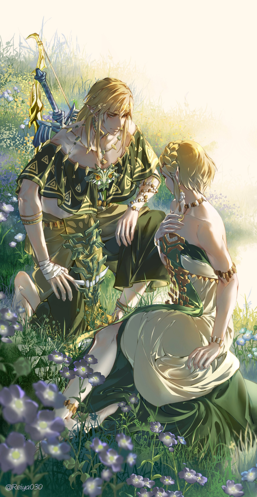 1boy 1girl absurdres armband bandaged_wrist bandages bare_shoulders barefoot blonde_hair blurry blurry_foreground bow_(weapon) bracelet braid breasts collarbone crown_braid dangle_earrings dress earrings field flower flower_field gold_trim green_dress hand_on_own_chest highres jewelry link long_dress long_hair looking_at_another master_sword medium_breasts necklace on_one_knee outdoors pointy_ears princess_zelda reiya030 short_hair sidelocks sword sword_on_back the_legend_of_zelda the_legend_of_zelda:_breath_of_the_wild the_legend_of_zelda:_tears_of_the_kingdom twitter_username two-tone_dress weapon weapon_on_back white_dress