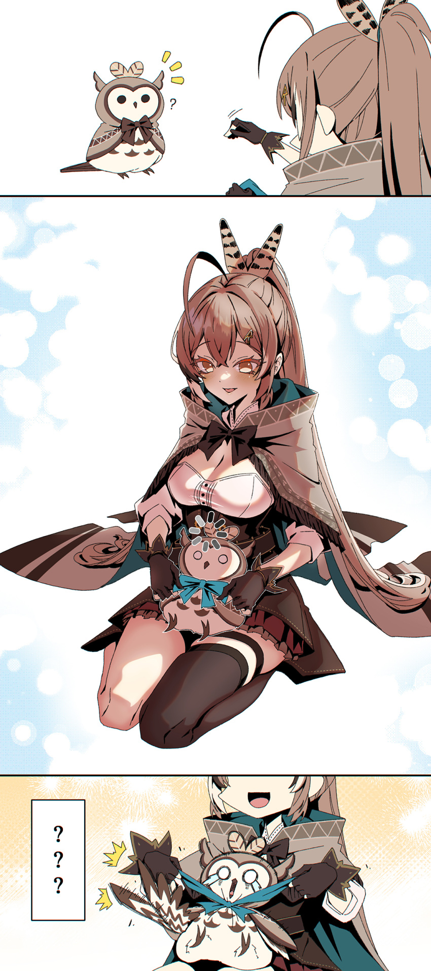 1girl ? ?? absurdres ahoge asymmetrical_legwear belt brown_capelet brown_cloak brown_corset brown_eyes brown_hair bubble bubble_background capelet cloak corset crossed_bangs gloves hair_ornament hairclip highres hololive hololive_english hooman_(nanashi_mumei) miniskirt multicolored_hair nanashi_mumei nanashi_mumei_(1st_costume) notice_lines on_lap partially_fingerless_gloves pleated_skirt red_skirt ribbon seiza shirt single_thighhigh sitting skirt smile strangling streaked_hair surprised taka_t thighhighs virtual_youtuber white_shirt