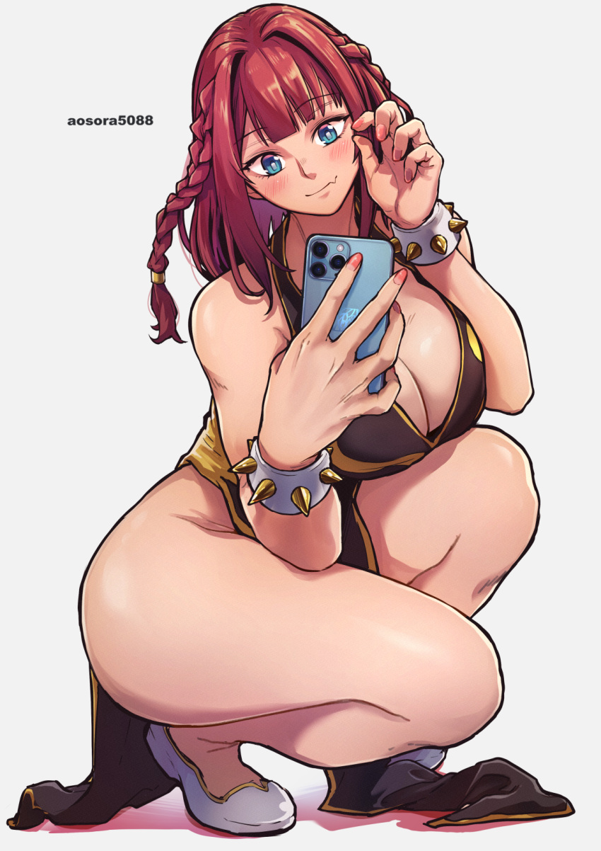 1girl aosora2823 artist_name bare_shoulders black_dress blue_eyes blush bracelet braid breasts cellphone china_dress chinese_clothes chun-li chun-li_(cosplay) cleavage commission cosplay dress fang fang_out fingernails full_body hair_intakes highres holding holding_phone huge_breasts jewelry long_hair looking_at_phone nail_polish official_alternate_costume original pelvic_curtain phone pink_nails red_hair selfie shoes side_braid simple_background skeb_commission skin_fang smartphone smile solo spiked_bracelet spikes squatting street_fighter street_fighter_v thick_thighs thighs white_background white_footwear