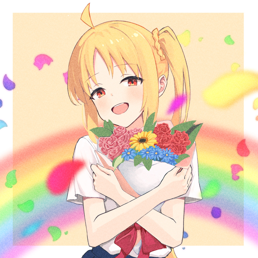 1girl ahoge blonde_hair blue_flower blurry bocchi_the_rock! border bouquet commentary_request depth_of_field falling_petals flower hair_ornament hair_scrunchie highres ijichi_nijika light_blush looking_at_viewer object_hug open_mouth petals rainbow_background red_eyes red_flower red_ribbon ribbon scrunchie shirt short_sleeves side_ponytail smile solo spell_phd teeth upper_body upper_teeth_only white_border white_shirt yellow_flower yellow_scrunchie