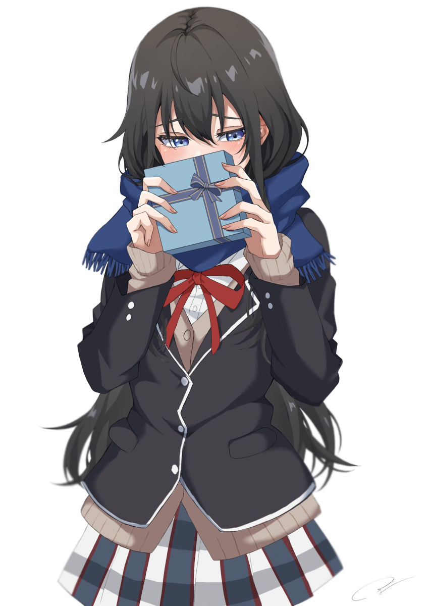 1girl ahoge black_hair black_jacket blazer blue_eyes blue_scarf blush brown_cardigan cardigan covered_mouth covering_face gift highres holding holding_gift jacket light_(lightpicture33) long_hair long_sleeves looking_down neck_ribbon plaid plaid_skirt red_ribbon ribbon scarf school_uniform shirt simple_background skirt sobu_high_school_uniform solo standing upper_body white_background white_shirt yahari_ore_no_seishun_lovecome_wa_machigatteiru. yukinoshita_yukino