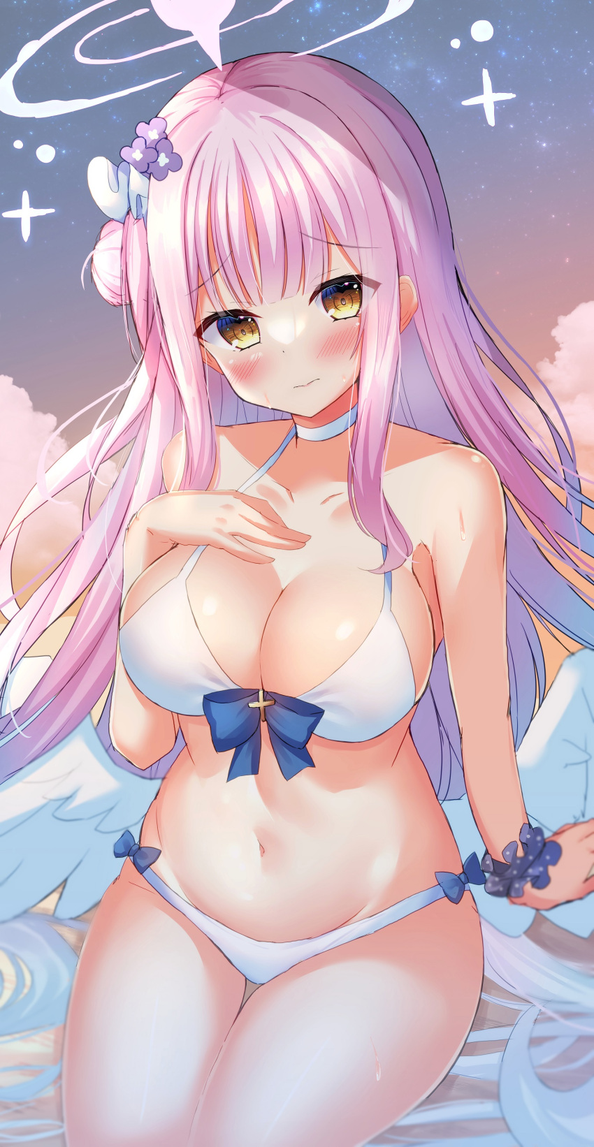 1girl absurdres angel_wings bikini blue_archive blue_bow bow breasts choker cleavage closed_mouth collarbone feathered_wings flower hair_bun hair_flower hair_ornament hair_ribbon halo hand_on_own_chest highres large_breasts long_hair looking_at_viewer low_twintails mika_(blue_archive) navel pink_flower pink_hair ribbon shiinyan single_side_bun sitting sky solo star_(sky) starry_sky stomach sunset swimsuit thighs twintails white_bikini white_choker white_ribbon white_wings wings yellow_eyes