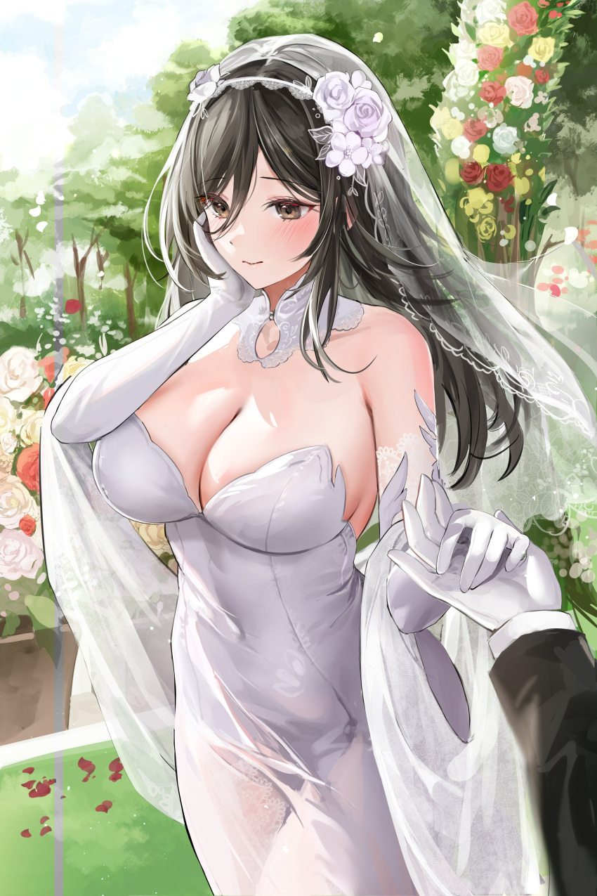 1girl 1other absurdres bangs bare_shoulders black_hair blue_sky blush breasts bridal_veil brown_eyes cleavage closed_mouth cloud collar commission covered_navel day detached_collar dress elbow_gloves falling_petals flower gloves hair_between_eyes hair_flower hair_ornament hand_on_own_face hand_up highres holding_hands lace-trimmed_gloves lace_trim large_breasts lillly long_hair long_sleeves original out_of_frame outdoors petals red_flower red_rose revision rose rose_petals see-through shawl sky sleeveless sleeveless_dress solo_focus strapless strapless_dress tree veil wedding wedding_dress white_collar white_dress white_flower white_gloves white_headwear white_rose white_shawl yellow_flower yellow_rose