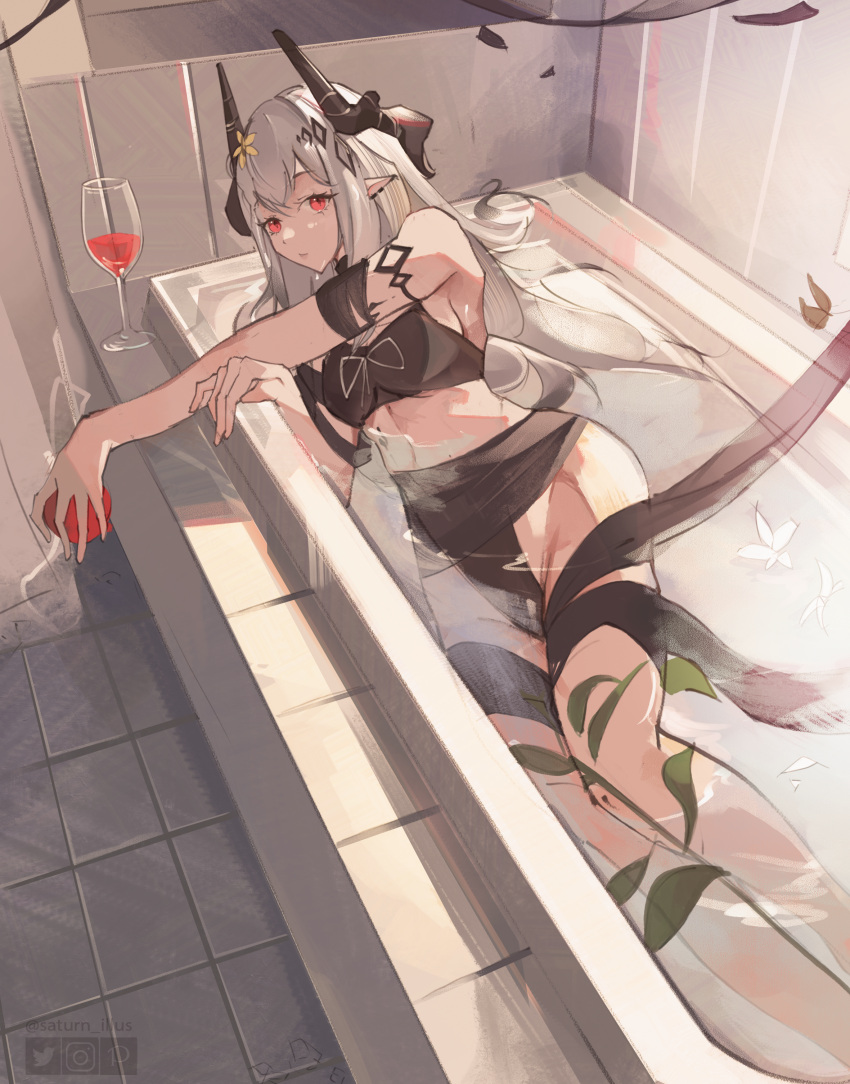 1girl absurdres arknights bare_shoulders bathing bathtub bikini black_bikini cmdr_saturn cup drinking_glass grey_hair highres horns long_hair looking_at_viewer mudrock_(arknights) mudrock_(silent_night)_(arknights) oripathy_lesion_(arknights) partially_submerged pointy_ears red_eyes solo swimsuit wine_glass