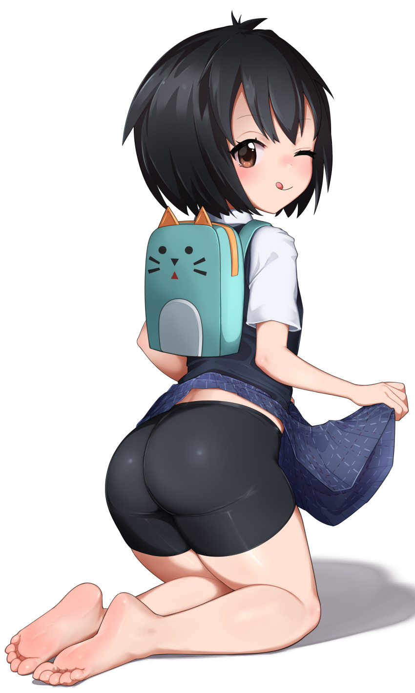 1girl absurdres ass backpack bag barefoot bike_shorts black_hair black_shorts black_vest blue_skirt brown_eyes clothes_lift feet female_child full_body goki_buri highres kneeling legs licking_lips lifted_by_self looking_at_viewer marvel medium_hair peni_parker pleated_skirt school_uniform shadow shiny_skin short_sleeves shorts sidelocks simple_background skirt skirt_lift soles solo spider-man:_across_the_spider-verse spider-man_(series) thighs toes tongue tongue_out vest white_background