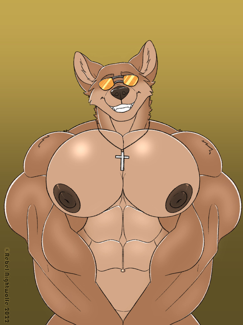 2022 abs absurd_res anthro anthrofied areola artist_name aviator_glasses biceps big_pecs biped brown_areola brown_eyebrows brown_nipples brown_nose canid canine canis cheek_tuft colored copyright_symbol countershade_face countershade_torso countershading coyote cross cross_necklace dated deltoids digital_drawing_(artwork) digital_media_(artwork) eyebrows eyewear eyewear_only facial_tuft fangs front_view fur gradient_background half-length_portrait head_tilt hi_res inner_ear_fluff jewelry looking_at_viewer looking_down looking_down_at_viewer male mammal muscular muscular_anthro muscular_male neck_tuft necklace necklace_only nipples nude open_mouth open_smile orange_eyewear orange_sunglasses pecs portrait prick_ears rebel_nightwolfe scp-2547-1 scp_foundation shoulder_tuft simple_background smile solo sunglasses sunglasses_only symbol tan_body tan_fur tan_tuft teeth triceps tuft yellow_background