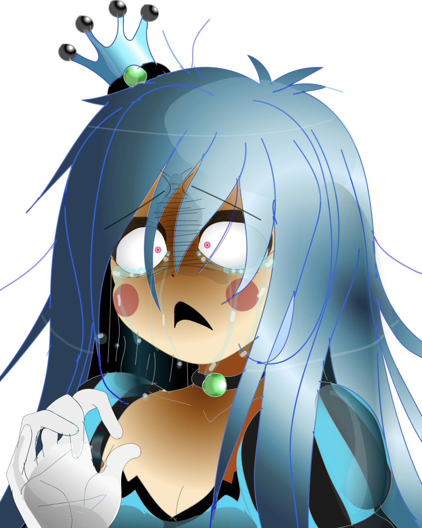 absurdres black_eyeshadow blue_hair breasts constricted_pupils crown crying eyeshadow gloves highres light makeup mini_crown non-web_source pink_eyes princess scared small_breasts streaming_tears tears white_gloves