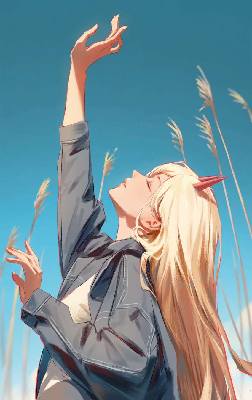 1girl absurdres arm_up blonde_hair blue_sky chainsaw_man closed_eyes denim denim_jacket from_side gradient_sky hand_up highres horns jacket kozzz_y long_hair oni_horns open_clothes open_jacket outstretched_arm parted_lips power_(chainsaw_man) profile red_horns sky solo straight_hair teeth upper_body upper_teeth_only