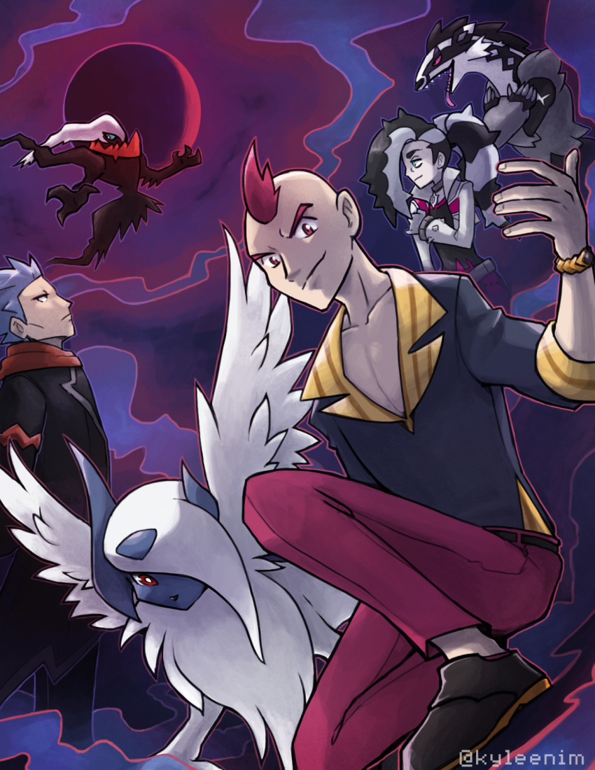 3boys absol black_footwear collarbone cropped_jacket cyrus_(pokemon) cyrus_(sygna_suit)_(pokemon) darkrai highres ky-nim looking_at_viewer male_focus mega_absol mega_pokemon moon multicolored_hair multiple_boys obstagoon piers_(pokemon) pokemon pokemon_(creature) pokemon_(game) pokemon_masters_ex pokemon_oras pokemon_swsh red_eyes red_hair red_moon sidney_(pokemon) smile two-tone_hair