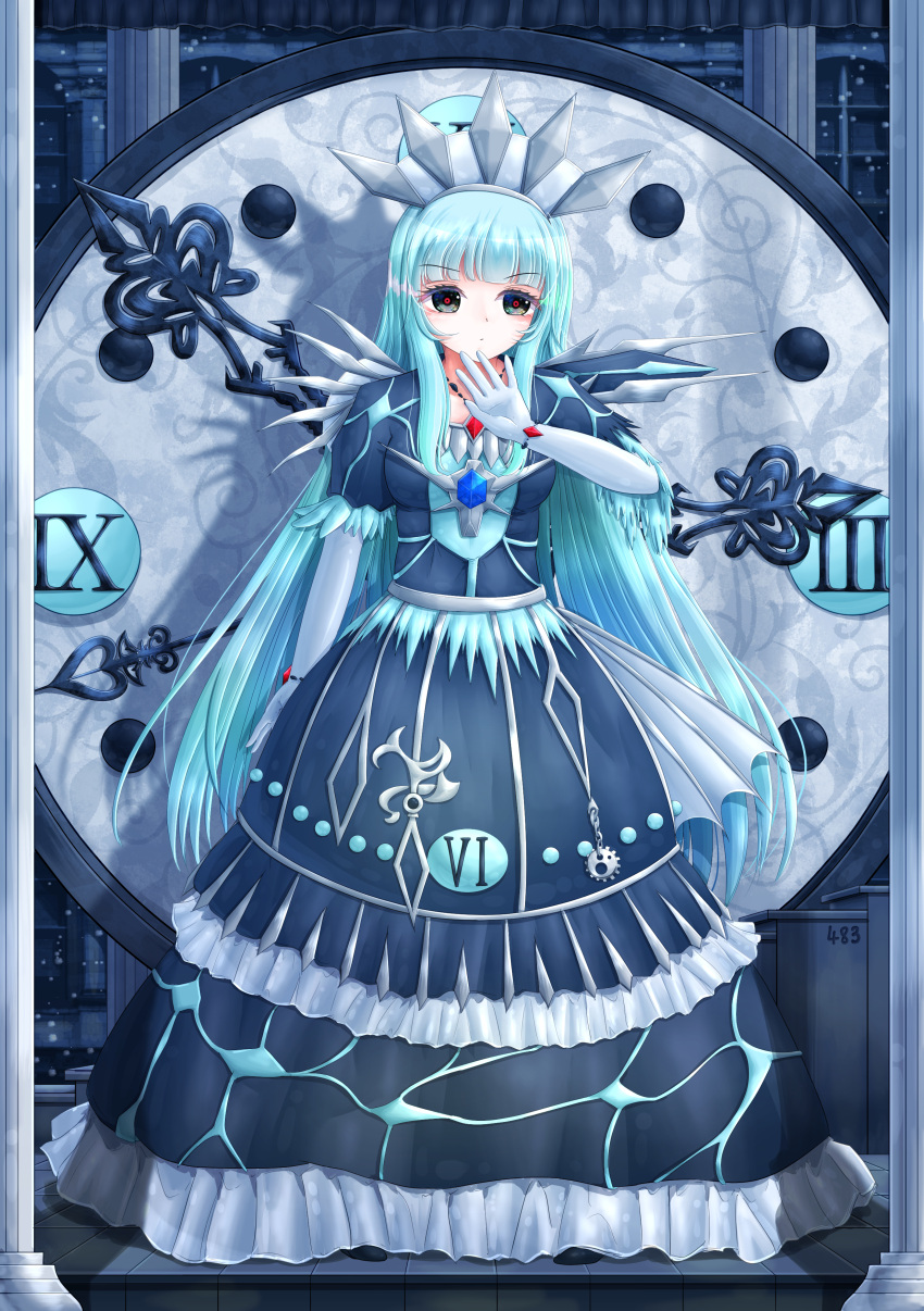 1girl absurdres black_eyes blue_dress blue_gemstone blue_hair clock clock_hands closed_mouth column dialga dress eyelashes gears gem gloves highres jewelry light_blue_hair light_frown long_dress long_hair maid_headdress mixed-language_commentary necklace personification pillar pokemon red_gemstone red_pupils roman_numeral solo symbol_in_eye very_long_hair white_gloves yellow-star-light