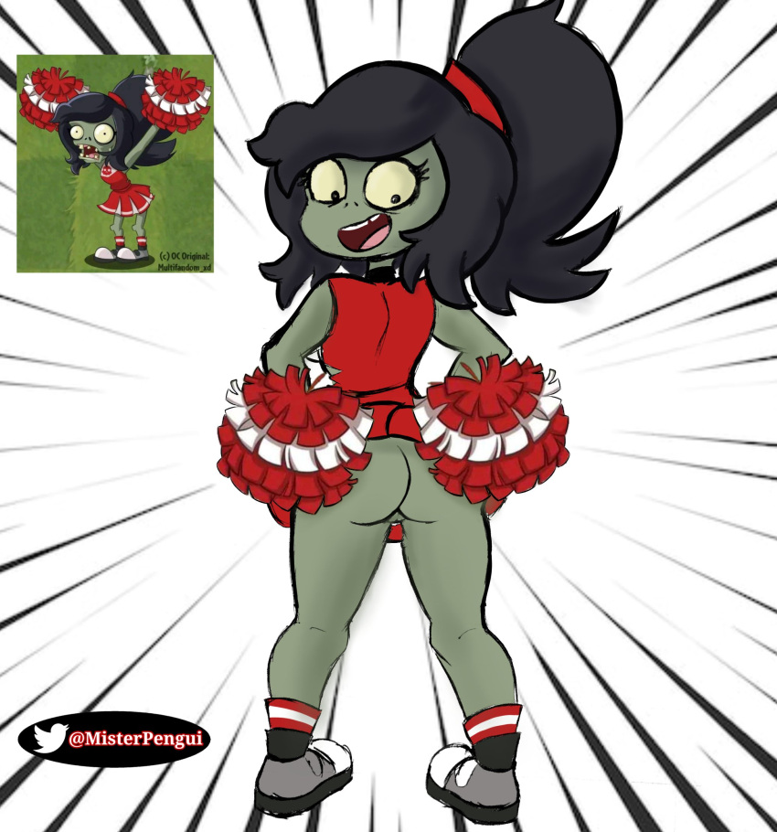 bottomless butt cheerleader cheerleader_outfit clothed clothing electronic_arts female genitals hi_res humanoid looking_back misterpengui no_underwear partially_clothed plants_vs._zombies popcap_games pussy simple_background solo undead zombie zombie_(plants_vs_zombies)
