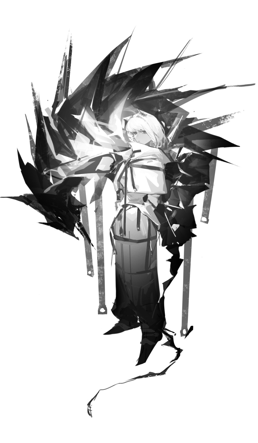 1girl :| absurdres animal_ears arknights baichuanhaokun cat_ears closed_mouth expressionless full_body greyscale highres jacket kal'tsit_(arknights) looking_at_viewer looking_to_the_side mon3tr_(arknights) monochrome monster pants shoes short_hair solo standing