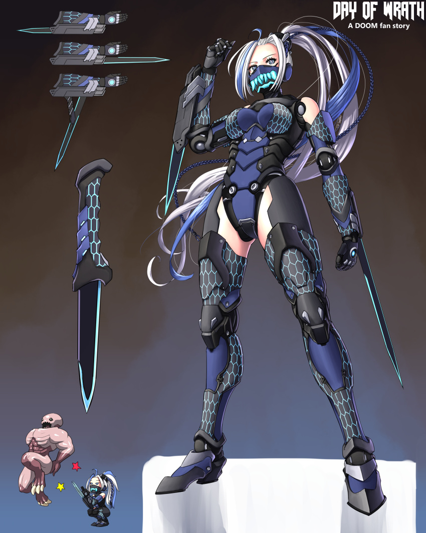 1girl absurdres android arm_blade armor ass_visible_through_thighs bare_shoulders black_armor blue_armor blue_eyes blue_hair chibi chibi_inset combat_knife cyberpunk cyborg day_of_wrath_(infinitypilot) demon doom_(series) doom_eternal dual_wielding energy_blade energy_weapon fangs futuristic_weapon glowing glowing_eyes glowing_weapon half_mask hell_knight hexagon_print highres holding joints kanchou knife long_hair mask mechanical_arms mechanical_legs mouth_mask multicolored_hair ninja oni oni_mask ponytail robot_girl robot_joints science_fiction substance20 very_long_hair weapon white_hair