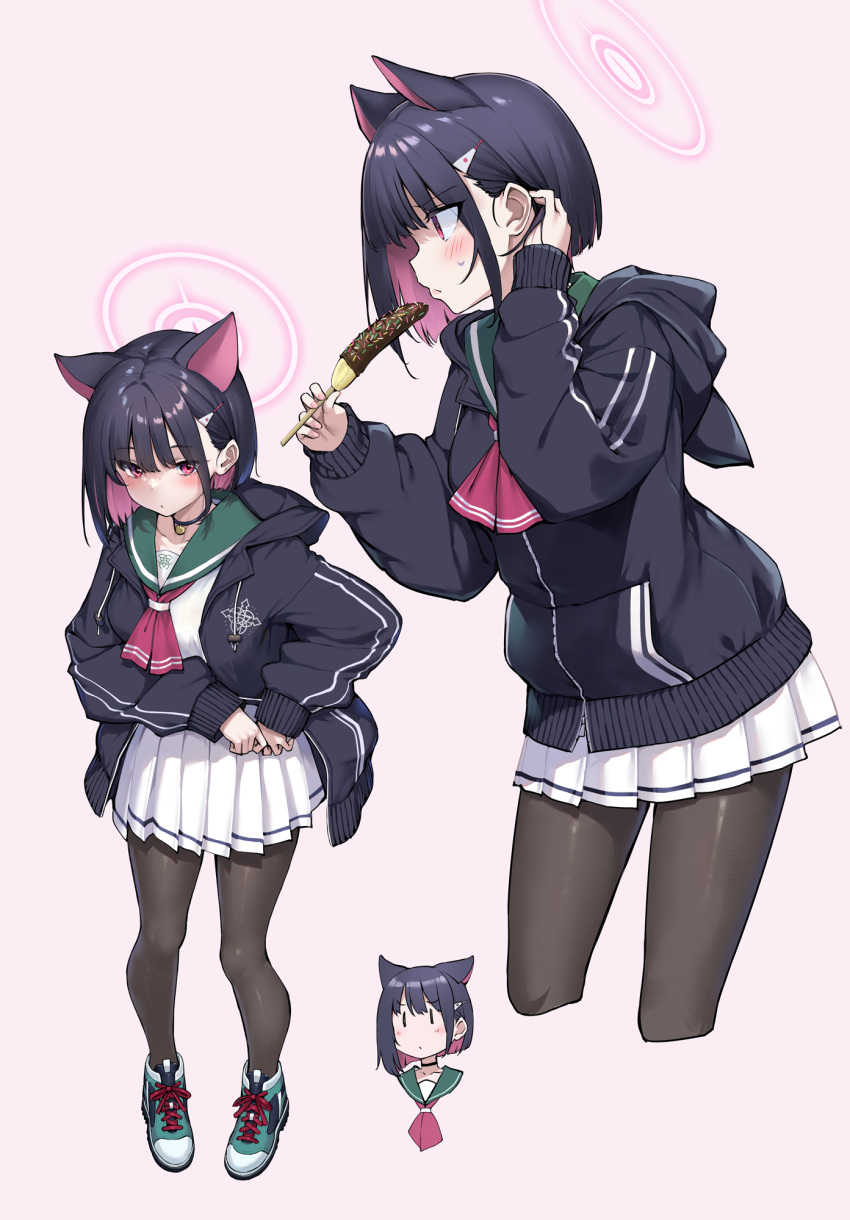 1girl animal_ears black_hair black_hoodie black_pantyhose blue_archive blush cat_ears chocolate_banana colored_inner_hair commentary_request cropped_legs cropped_torso extra_ears full_body hair_tucking halo highres hood hooded_jacket hoodie jacket kazusa_(blue_archive) looking_at_viewer multicolored_hair multiple_views neckerchief pantyhose pink_eyes pink_hair pleated_skirt profile red_neckerchief school_uniform serafuku shoes simple_background skirt sneakers sweatdrop takayaki two-tone_hair white_serafuku