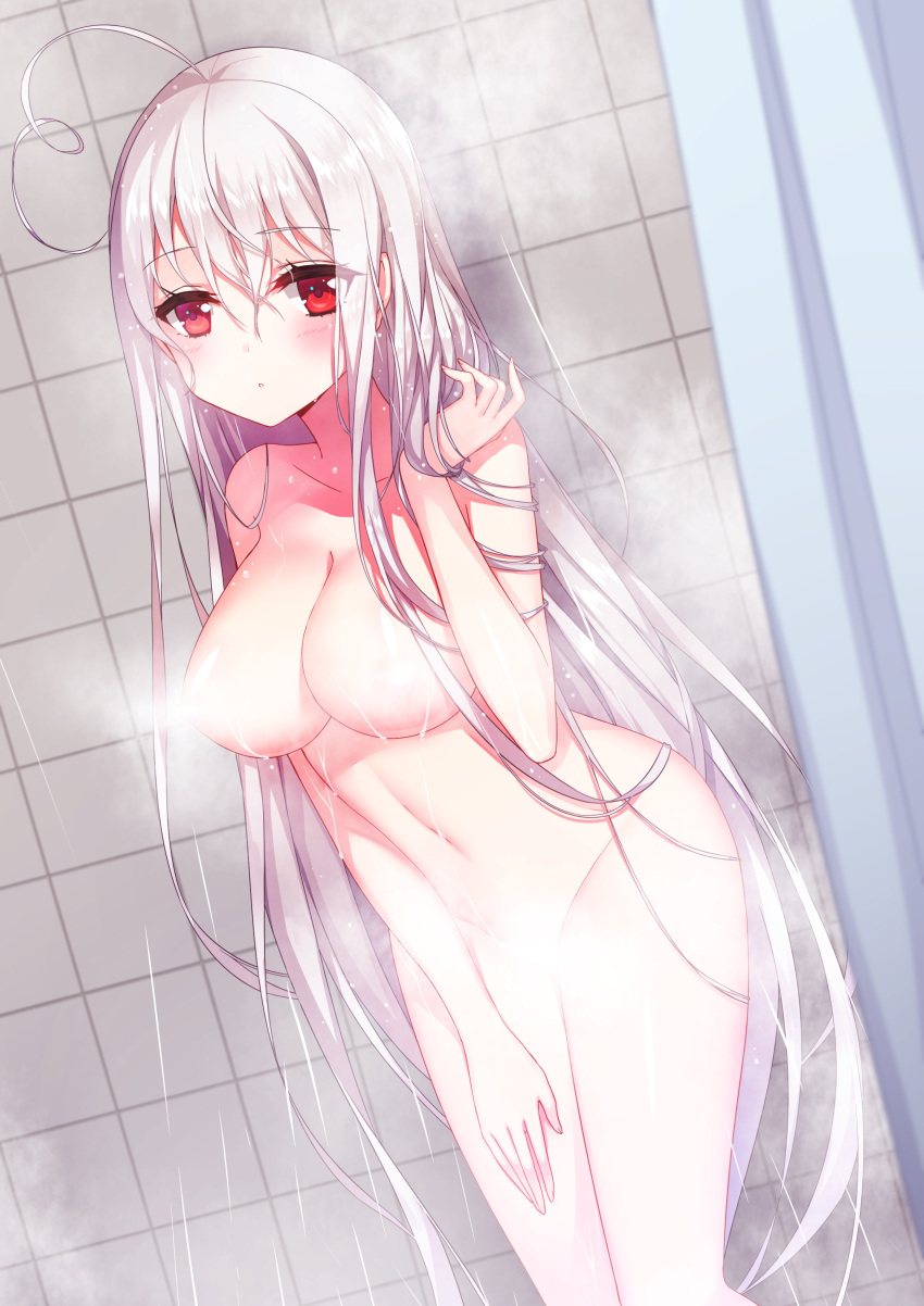 1girl 6_yin absurdres ahoge blush breasts commentary_request completely_nude convenient_censoring hand_in_own_hair hand_on_own_thigh heart heart_ahoge highres large_breasts long_hair looking_at_viewer niliu_chahui nude open_mouth original red_eyes revision showering solo steam steam_censor tile_wall tiles tokisaki_mio very_long_hair wet white_hair