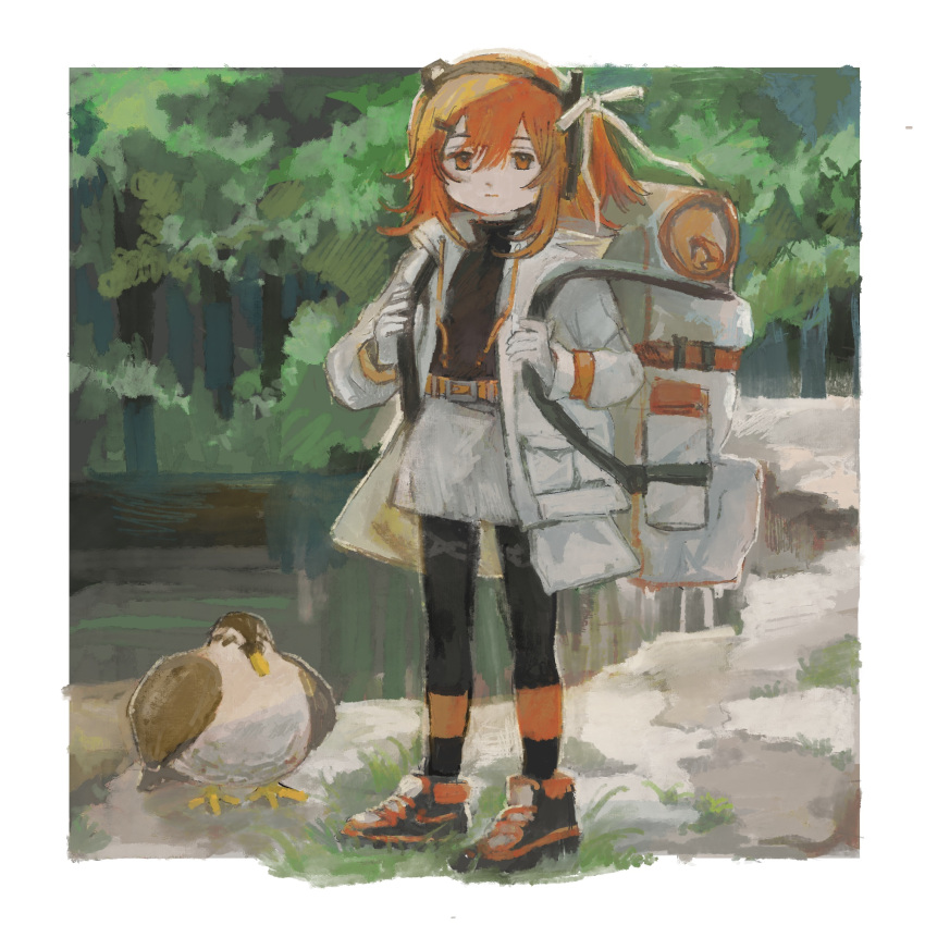 1girl a.i._voice adachi_rei backpack bag belt bird black_leggings black_shirt border closed_mouth commentary_request day duck expressionless forest full_body gloves grass grey_skirt hair_ornament hair_ribbon hairclip half-closed_eyes headlamp headphones highres hiking holding_strap hood hood_down hooded_jacket jacket kamonoshima leggings long_sleeves looking_at_viewer medium_hair nature nike one_side_up orange_belt orange_eyes orange_hair outdoors outside_border overskirt pond ribbon shirt shoes sidelocks skirt sleeping_bag sneakers solo standing thermos tree turtleneck utau white_border white_gloves white_ribbon