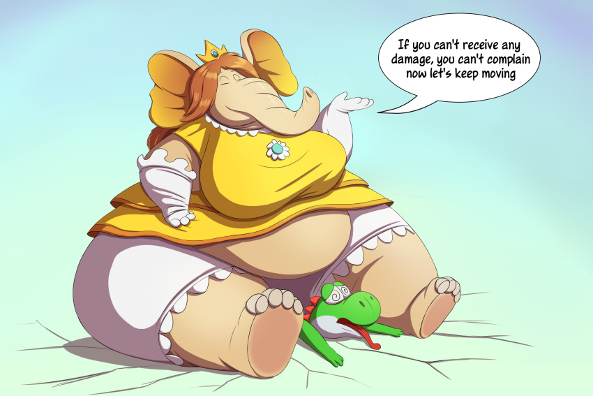 2023 anthro belly breasts clothed clothing cracks crown dialogue dizzy dizzy_eyes dress_shirt elephant elephant_daisy elephantid eyes_closed female gloves green_yoshi hair handwear headgear hi_res mammal mario_bros mouth_closed nintendo obese obese_anthro obese_female overweight overweight_anthro overweight_female panties proboscidean shenzel shirt sitting sitting_on_another size_difference smile speech_bubble super_mario_bros_wonder text tongue tongue_out topwear trunk underwear yoshi