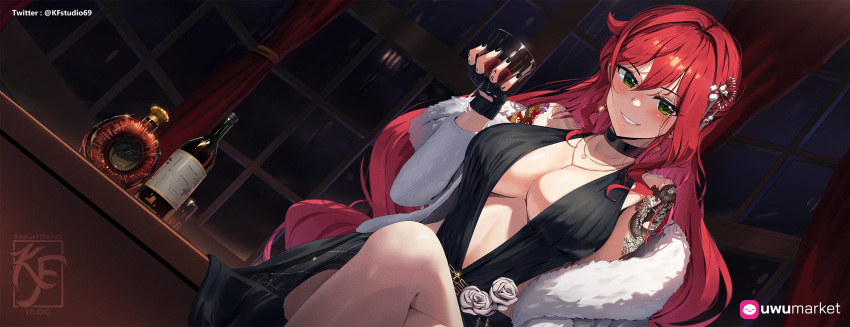 1girl arm_tattoo artist_logo artist_name black_choker black_dress black_gloves black_nails bottle breasts choker cleavage coat crossed_legs cup curtains dress earrings elly_(vtuber) fingerless_gloves flower fur_coat gloves green_eyes hair_between_eyes hair_ornament highres holding holding_cup jewelry knightfang large_breasts long_hair necklace night off_shoulder plunging_neckline red_hair rose smile solo tattoo twitter_username virtual_youtuber white_coat white_flower white_rose window wine_bottle