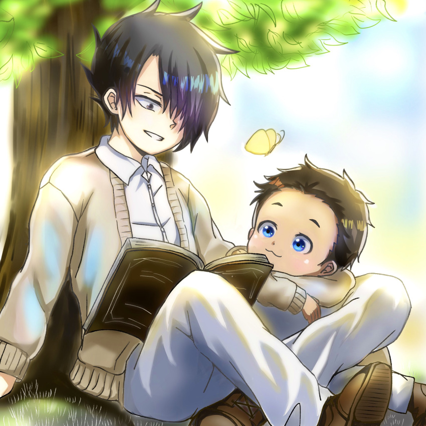 2boys black_hair blue_eyes book brown_footwear bug butterfly cardigan collared_shirt highres male_focus multiple_boys open_book open_cardigan open_clothes pants parted_lips phil_(yakusoku_no_neverland) r1014-chopper ray_(yakusoku_no_neverland) reading shirt smile tree white_pants white_shirt yakusoku_no_neverland yellow_butterfly