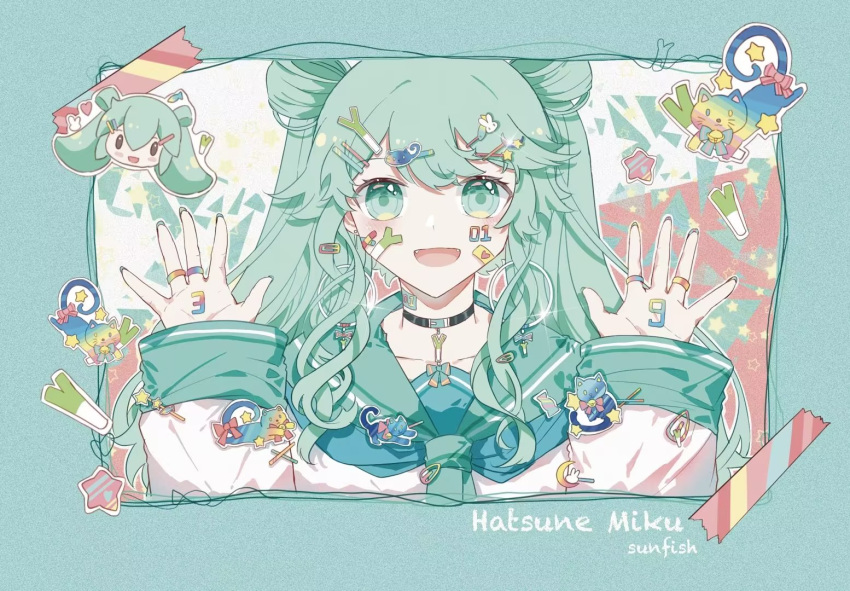 1girl :d artist_name black_choker blue_border blue_nails blue_neckerchief blush border character_name chinese_commentary choker commentary double_bun fangs green_eyes green_hair green_sailor_collar hair_between_eyes hair_bun hair_ornament hairclip hands_up hatsune_miku jewelry long_bangs long_hair long_sleeves looking_at_viewer multiple_rings nail_polish neckerchief open_hands open_mouth project_sekai raised_eyebrows ring sailor_collar school_uniform serafuku shirt sleeve_cuffs sleeves_past_wrists smile solo spring_onion sticker_on_face straight-on sunfish3939 twintails upper_body vivid_bad_squad_miku vocaloid white_shirt