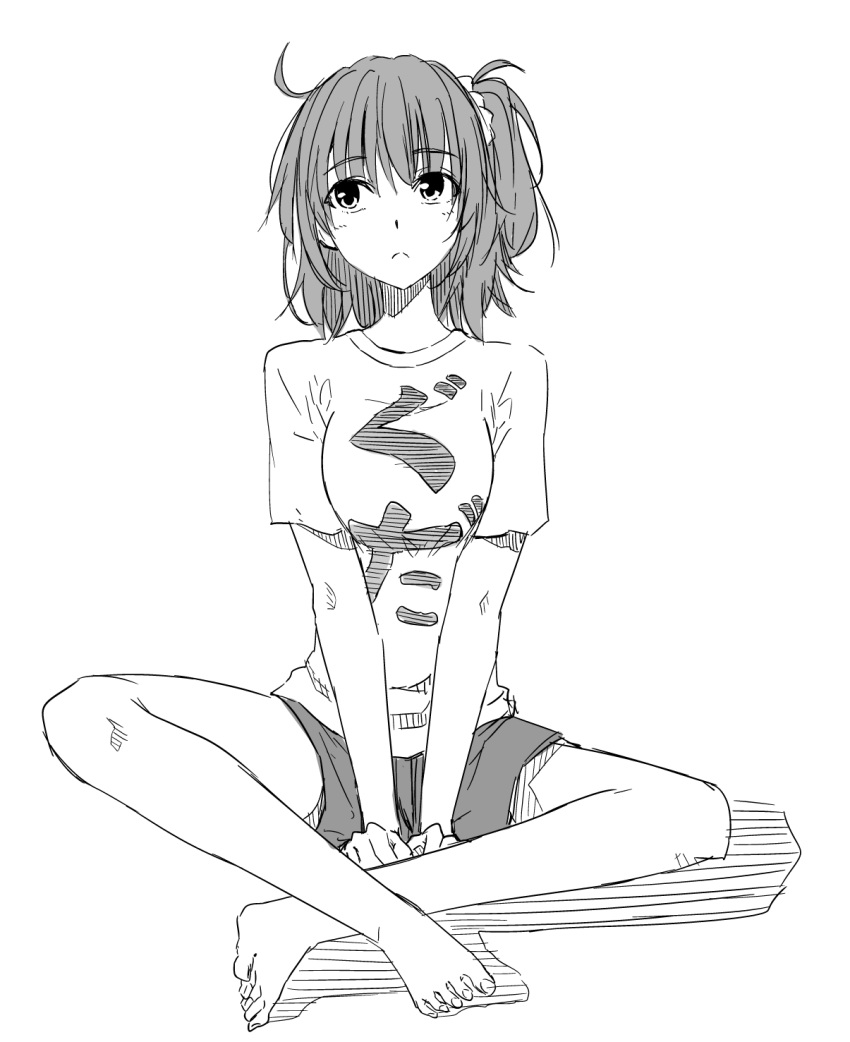 1girl :&lt; alternate_costume barefoot casual closed_mouth fate/grand_order fate_(series) fujimaru_ritsuka_(female) full_body greyscale hako_roku highres looking_up monochrome one_side_up shirt short_hair short_sleeves shorts sketch solo t-shirt