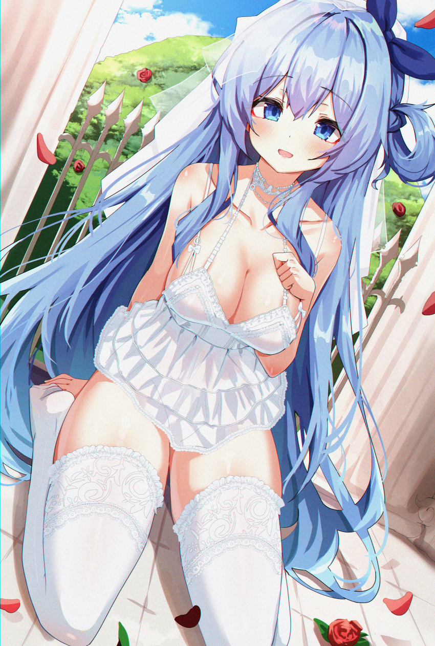 1girl absurdres bare_arms bare_shoulders blue_eyes blue_hair breasts choker cleavage collarbone commission dress dutch_angle frilled_dress frilled_thighhighs frills garter_straps hair_ribbon hair_rings halterneck hand_on_own_chest highres large_breasts long_hair looking_at_viewer multi-strapped_dress no_shoes open_mouth original petals ribbon second-party_source seiza short_dress sitting sleeveless sleeveless_dress smile solo spaghetti_strap thighhighs thighs very_long_hair w.k white_choker white_dress white_thighhighs yuksi_(yuksi) zettai_ryouiki