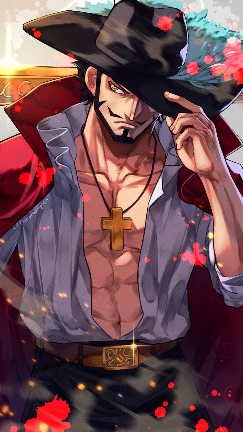 1boy abs beard belt black_hair coat cross cross_necklace dracule_mihawk facial_hair hand_on_headwear hat hat_feather highres jewelry latin_cross male_focus muscular muscular_male mustache necklace one_eye_covered one_piece open_clothes open_shirt pseudonoir red_coat ringed_eyes shirt short_hair solo toned white_shirt yellow_eyes