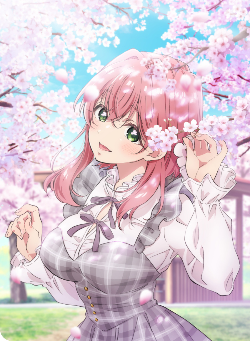 1girl blush breasts cherry_blossoms dress flower green_eyes hanazono_hakari highres key_visual kimi_no_koto_ga_dai_dai_dai_dai_daisuki_na_100-nin_no_kanojo large_breasts long_hair looking_at_viewer official_art open_mouth petals pink_hair promotional_art ribbon solo upper_body