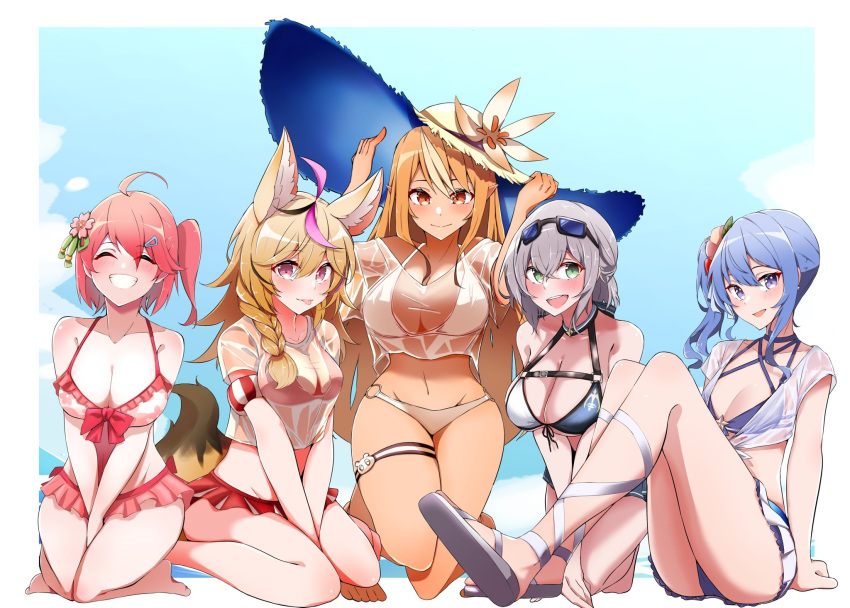 5girls ahoge alternate_breast_size alternate_costume barefoot bikini bikini_skirt blonde_hair blue_bikini blue_eyes blue_hair blue_sky blush bow braid breasts brown_hair closed_mouth collarbone dark-skinned_female dark_skin day eyelashes eyewear_on_head feet_out_of_frame flower green_eyes grey_hair hair_flower hair_ornament hairclip hands_up hat hat_flower highres hololive hoshimachi_suisei kneeling knees_up large_breasts legs long_hair long_legs looking_at_viewer medium_breasts medium_hair multicolored_hair multiple_girls navel o-ring o-ring_bottom omaru_polka open_mouth outdoors pink_bikini pink_eyes pink_hair red_bikini red_bow red_eyes revision sakura_miko sakura_miko_(2nd_costume) sandals shiranui_flare shiranui_kensetsu shirogane_noel shirogane_noel_(summer_2020) shirt side_braid side_ponytail sitting sky small_breasts star_(symbol) star_in_eye straw_hat streaked_hair swimsuit symbol_in_eye teeth thigh_strap thighs tongue tongue_out undersized_breast_cup virtual_youtuber wariza wet wet_clothes wet_shirt white_bikini white_footwear yamaki_(yamaki801)