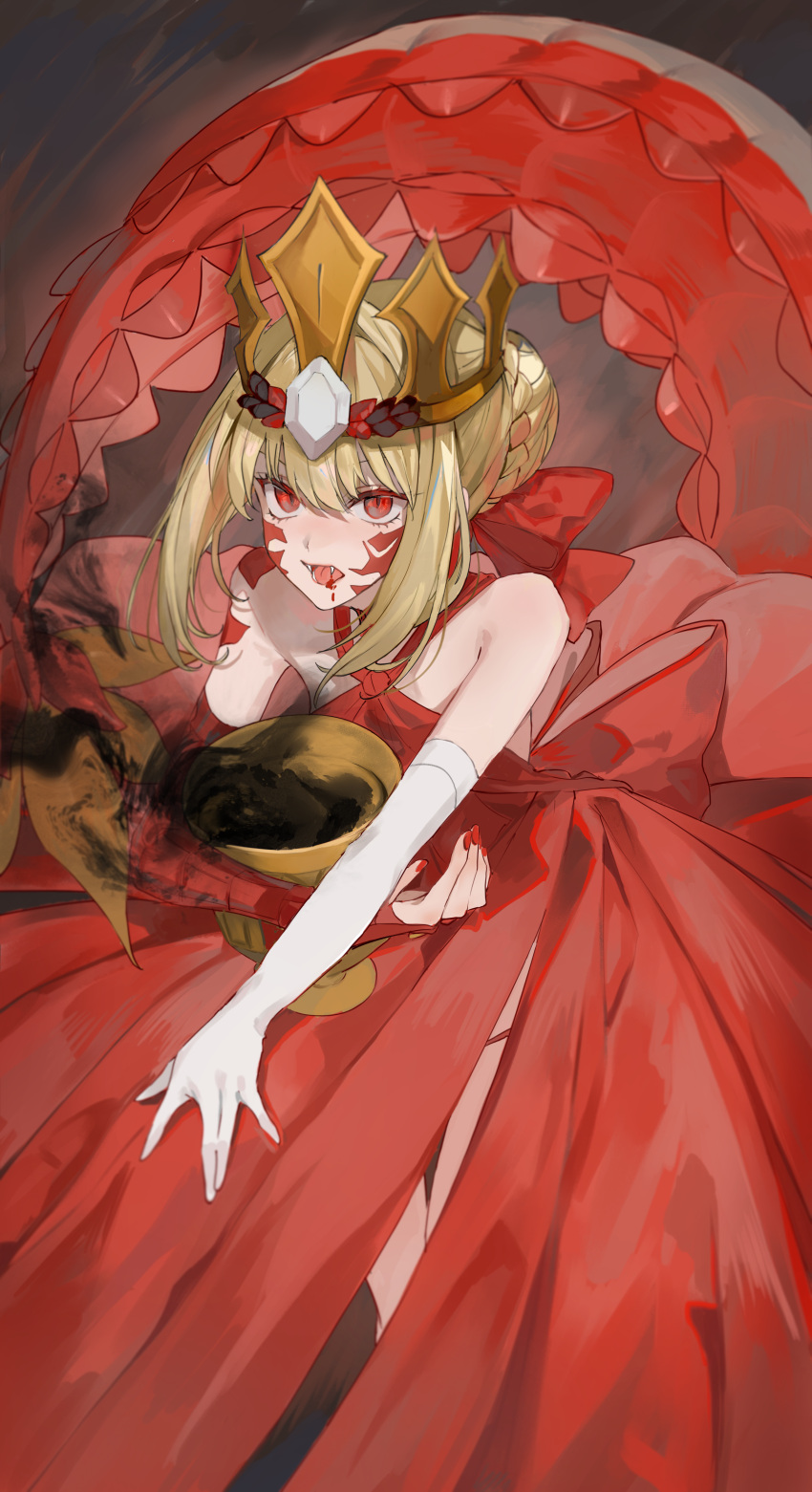 1girl absurdres ahoge bare_shoulders blonde_hair braid breasts chalice crown dragon_tail dress elbow_gloves facial_mark fangs fate/grand_order fate_(series) french_braid gloves hair_bun hair_intakes hair_ribbon highres long_hair looking_at_viewer nero_claudius_(fate) open_mouth pointy_ears queen_draco_(fate) queen_draco_(first_ascension)_(fate) red_dress red_eyes red_ribbon ribbon scales single_glove small_breasts solo tail white_gloves yurumawari