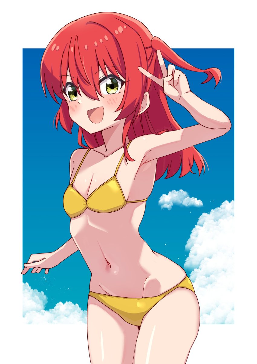 1girl :d absurdres ao_(flowerclasse) arm_up bare_arms bare_shoulders bikini blue_sky blush bocchi_the_rock! breasts cleavage cloud collarbone commentary_request day green_eyes groin hair_between_eyes highres kita_ikuyo long_hair navel one_side_up red_hair sky small_breasts smile solo standing swimsuit yellow_bikini
