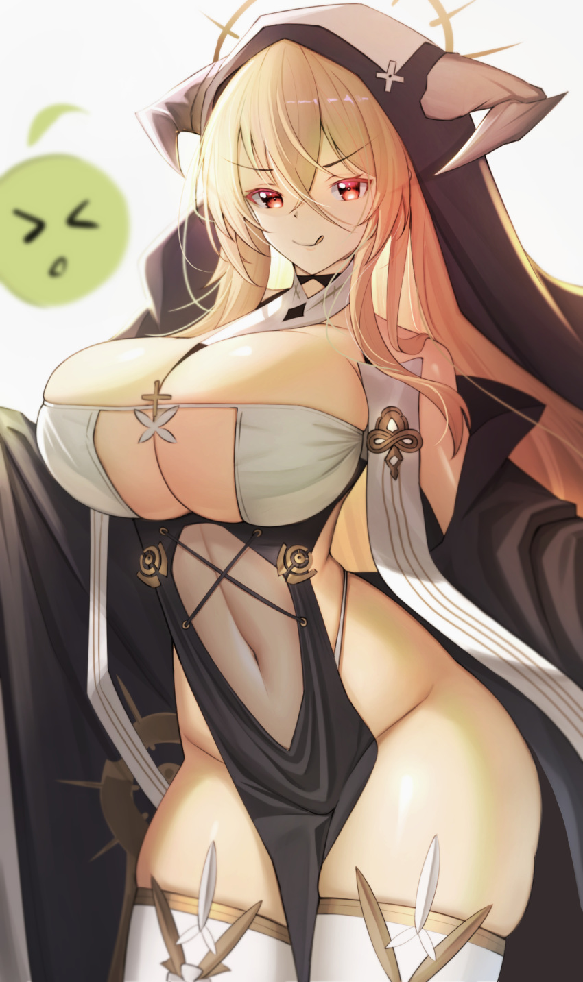 1girl azur_lane between_breasts black_gloves blonde_hair breast_cutout breasts cleavage clothing_cutout covered_navel cowboy_shot fake_horns gloves habit hair_between_eyes half_gloves highres horns huge_breasts implacable_(azur_lane) long_bangs long_hair looking_at_viewer nun pelvic_curtain red_eyes renzero_(user_vmsj8444) revealing_clothes see-through simple_background solo stomach_cutout thighhighs thighs two-tone_dress veil white_background white_horns white_thighhighs