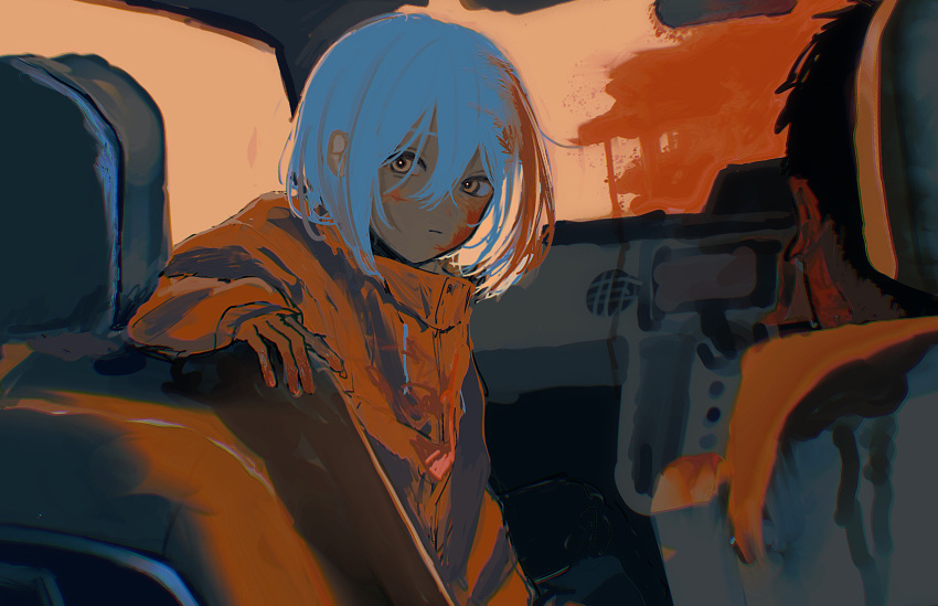 1boy 1girl arm_rest black_hair blood blood_in_hair blood_on_face blood_on_hands blood_splatter bright_pupils car_interior car_seat coat commentary_request corpse expressionless hair_between_eyes high_collar highres keo_(oketa99) light_frown long_sleeves looking_at_viewer looking_back murder orange_coat original short_hair sitting solo_focus upper_body white_hair white_pupils yellow_eyes