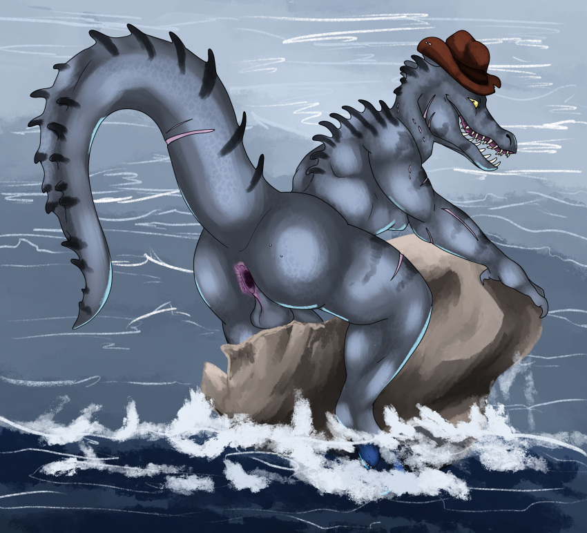 absurd_res anus backsack balls butt clothing cowboy_hat crocodile crocodilian crocodylid eggins gaped gaping gaping_anus genitals hat headgear headwear hi_res looking_at_viewer looking_back male muscular muscular_male raised_tail rear_view reptile rock sarco_(eggins) scalie solo tail water