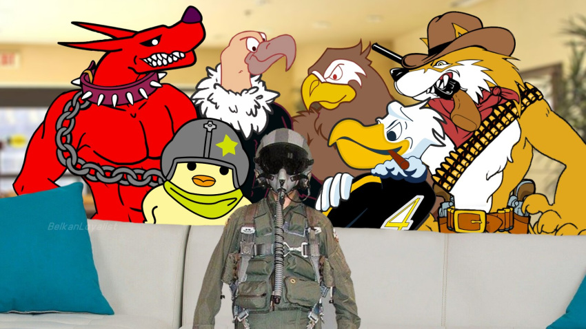 accipitrid accipitriform animal_humanoid anthro avian avian_humanoid bandanna bandolier belkanloyalist_(artist) bird bird_humanoid blue8492_(artist) canid canid_demon canine canis chain chicken cigar cigar_in_mouth clothing collar cowboy_hat demon falco_1_(ace_combat_xi)gryphus_1_(ace_combat_x)trigger_(ace_combat_7) flight_suit furniture galliform gallus_(genus) galm_(ace_combat_zero) group gun gun_belt gun_holster gun_in_mouth handgun hat headgear headwear hellhound hi_res human humanoid kerchief male mammal meme nugget_(ace_combat) object_in_mouth pelecaniform pelecaniform_humanoid pelican_humanoid phasianid pillow pilot_helmet pilot_suit ranged_weapon revolver schnee_(ace_combat) sofa spiked_collar spikes vulture weapon wolf