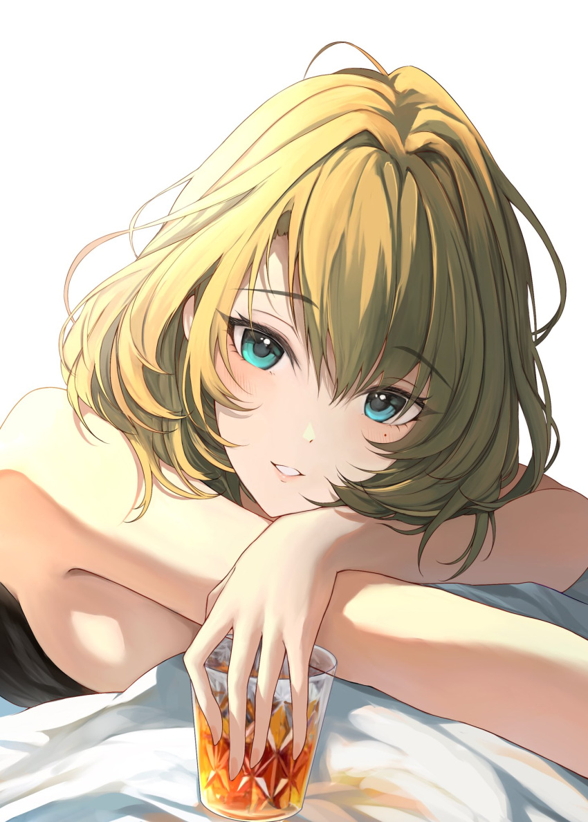 1girl bare_shoulders blue_eyes blush breasts cup drinking_glass green_eyes green_hair heterochromia highres holding holding_cup idolmaster idolmaster_cinderella_girls looking_at_viewer lying medium_breasts messy_hair mole mole_under_eye nyome991 on_back open_mouth short_hair sideboob simple_background smile solo takagaki_kaede wine_glass