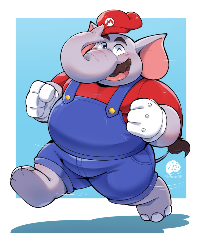 2023 anthro belly blue_eyes blush clothing elephant elephant_mario elephantid facial_hair gloves grey_body handwear hat headgear headwear hi_res male mammal mario mario_bros mustache nintendo one_eye_closed overalls overweight proboscidean solo super_mario_bros_wonder tipping_hat uwsponge wink