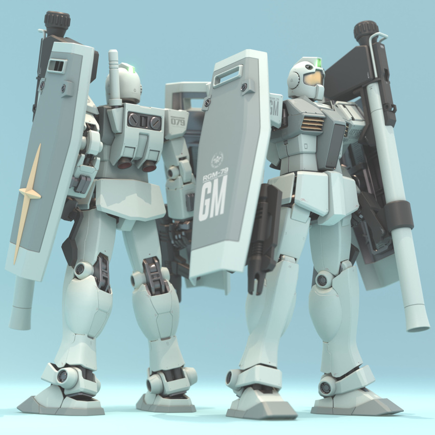 3d absurdres bazooka_(gundam) beam_rifle blender_(medium) earth_federation energy_gun english_commentary english_text gm_(mobile_suit) gundam highres logo machinery mecha mjeff mobile_suit_gundam no_humans realistic robot roundel science_fiction shield weapon