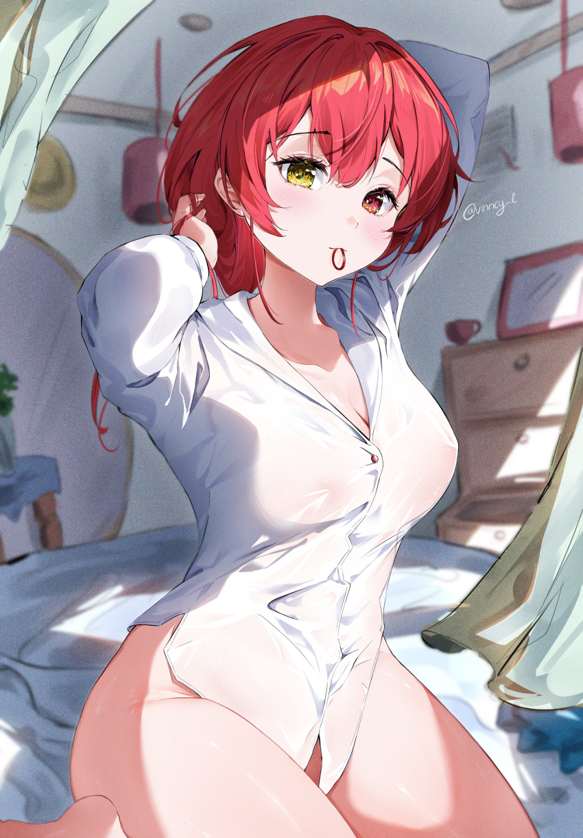 1girl absurdres bangs breasts cleavage covered_nipples dress_shirt heterochromia highres hololive houshou_marine large_breasts long_sleeves looking_at_viewer mouth_hold naked_shirt red_eyes red_hair seiza shirt short_hair sitting thighs vincent_leo virtual_youtuber yellow_eyes