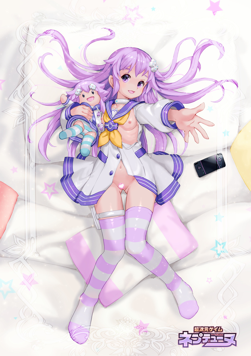 1girl absurdres bed_sheet bluesnail breasts character_doll choker d-pad d-pad_hair_ornament frills full_body hair_ornament highres long_hair looking_at_viewer lying medium_breasts navel nepgear neptune_(neptune_series) neptune_(series) on_back on_bed pillow purple_eyes purple_hair solo striped stuffed_toy torn_clothes