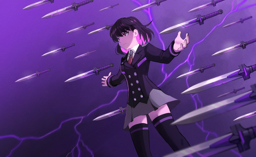 1girl black_hair black_jacket black_thighhighs blazer closed_mouth collared_shirt commentary dagger english_commentary grey_skirt hair_between_eyes hands_up jacket jourd4n knife lightning minori_yume_(jourd4n) multicolored_hair necktie original pink_hair pleated_skirt red_eyes red_necktie school_uniform shirt skirt solo thighhighs two-tone_hair v-shaped_eyebrows weapon white_shirt