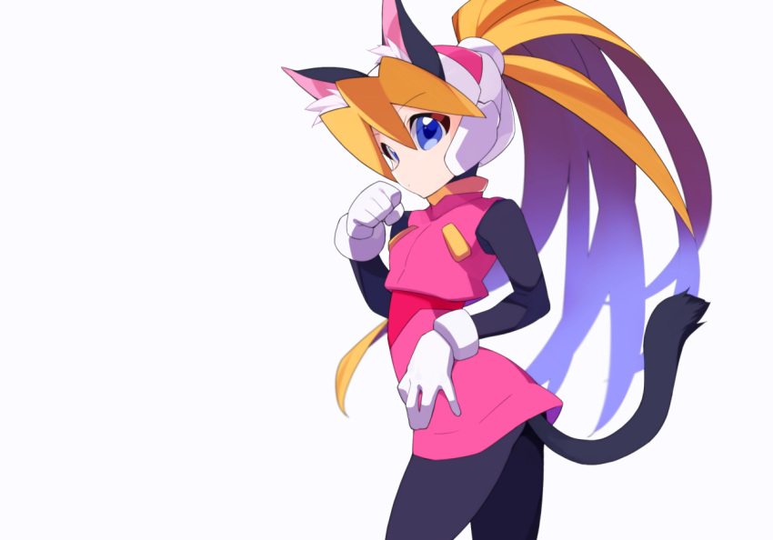 animal_ears blonde_hair blue_eyes bodystocking cat_ears cat_girl cat_tail ciel_(mega_man) gloves helmet kaidou_zx long_hair mega_man_(series) mega_man_zero_(series) paw_pose pink_headwear pink_top pink_vest ponytail skirt sleeveless tail vest white_background