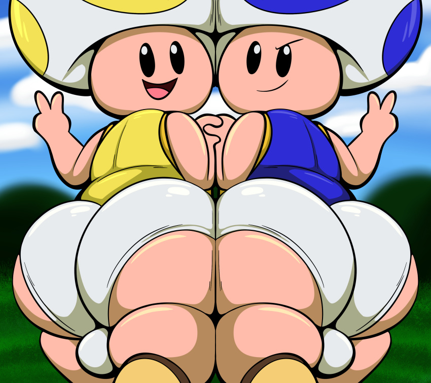 absurd_res anthro big_butt blue_toad bulge bumping butt clothing duo elemental_creature elemental_humanoid fungi_fauna fungi_humanoid fungus gesture hi_res humanoid looking_back male male/male mario_bros mushroom mushroom_humanoid nintendo outside smile smiling_at_viewer tepigfan101 toad_(mario) underwear v_sign yellow_toad