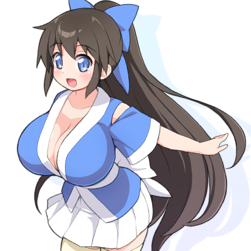 blue_eyes blue_ribbon breasts brown_hair cleavage clothing_cutout commission drop_shadow hair_ribbon highres japanese_clothes large_breasts long_hair nagasarete_airantou open_mouth oppai_loli ponytail ribbon shirogane_hakuba shoulder_cutout skeb_commission skirt suzu_(nagasarete_airantou) very_long_hair white_background