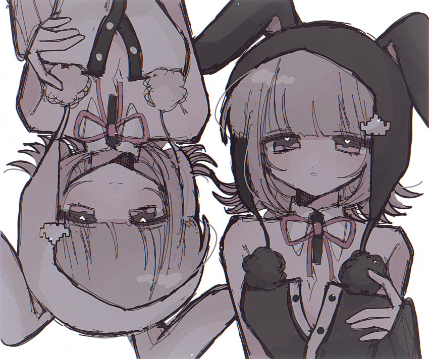 1girl animal_hood black_headwear black_leotard blush breasts buttons cleavage danganronpa_(series) danganronpa_2:_goodbye_despair flipped_hair grey_headwear grey_leotard hair_ornament highres hood leotard looking_at_viewer medium_breasts medium_hair multiple_views nanami_chiaki neck_ribbon parted_lips pink_ribbon rabbit_hood ribbon simple_background two-tone_leotard u_donburi upper_body white_background