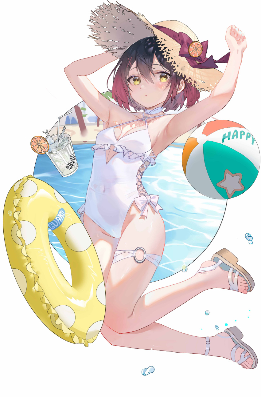 1girl absurdres arms_up ball beachball black_hair duzizai food fruit glass gradient_hair hair_ornament hairclip hat highres innertube looking_at_viewer medium_hair multicolored_hair one-piece_swimsuit orange_(fruit) original sandals solo sun_hat swimsuit thigh_strap water_drop white_one-piece_swimsuit yellow_innertube