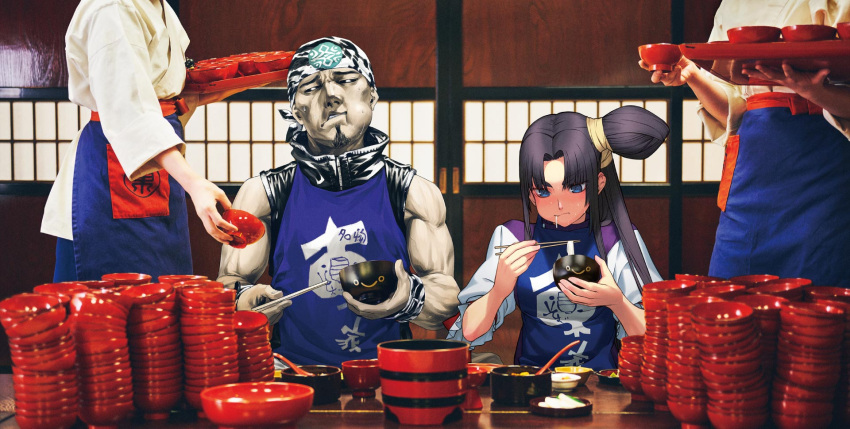 1boy 1girl 2others apron bandana black_hair black_sclera blue_apron blue_eyes blush bowl bowl_stack chopsticks colored_sclera eating eating_contest facial_hair fate/grand_order fate_(series) food goatee hair_bun highres holding holding_chopsticks indoors iwate_prefecture long_hair multiple_others musashibo_benkei_(fate) musashibo_benkei_(under_the_same_sky)_(fate) noodles official_art photo_background sakamoto_mineji shinjirou side_ponytail single_side_bun sitting sliding_doors soba ushiwakamaru_(fate) ushiwakamaru_(under_the_same_sky)_(fate) wanko_soba