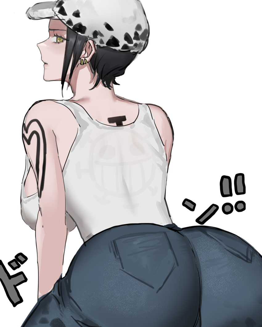 1girl ass ass_focus black_hair breasts denim earrings expressionless from_behind fur_hat genderswap genderswap_(mtf) hat highres jeans jewelry large_breasts looking_back moray_of_bone one_piece pants shade short_hair shoulder_tattoo solo sound_effects tank_top tattoo trafalgar_law white_background white_tank_top yellow_eyes