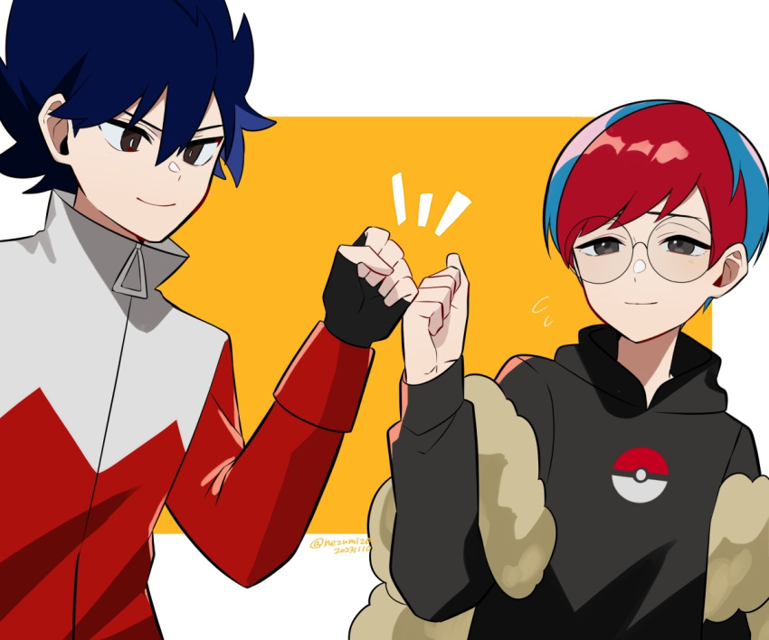 black_gloves black_hair black_hoodie blue_hair bright_pupils brown_eyes closed_mouth commentary_request dated fingerless_gloves fist_bump genjitsu_o_miro glasses gloves hand_up high_collar hood hoodie hugh_(pokemon) jacket multicolored_hair notice_lines penny_(pokemon) poke_ball_print pokemon pokemon_bw2 pokemon_sv red_hair round_eyewear short_hair smile twitter_username two-tone_hair upper_body zipper_pull_tab